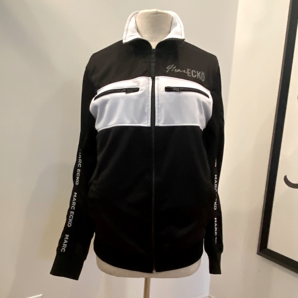 Marc Ecko Mens Black White Full Zip Track Jacket w Logo Down Sleeves / Size L